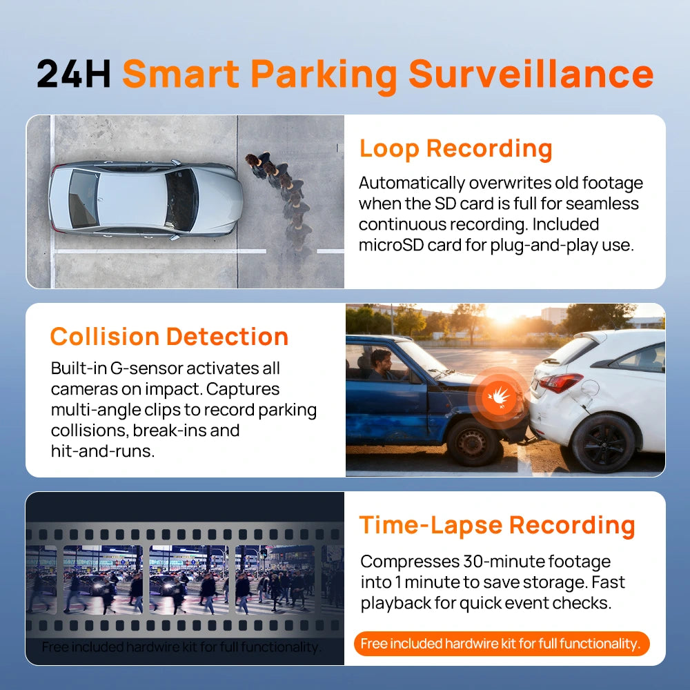 Dash cam feature collage showing front and rear camera views and motion alerts