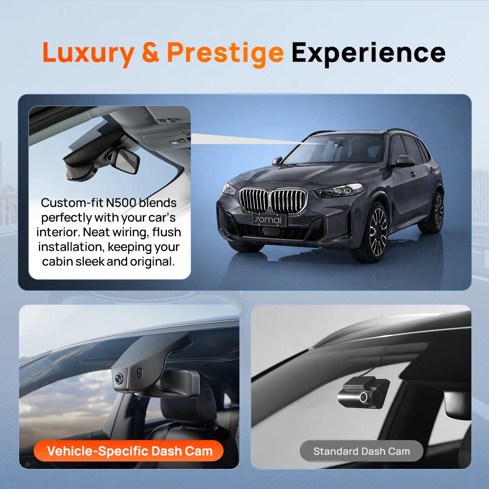 Vehicle-specific dash cam installation concept with mounted 7omai N500 device in car