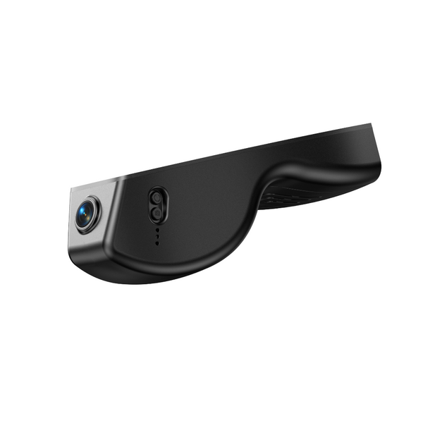 Black dash cam device with front lens and side ports