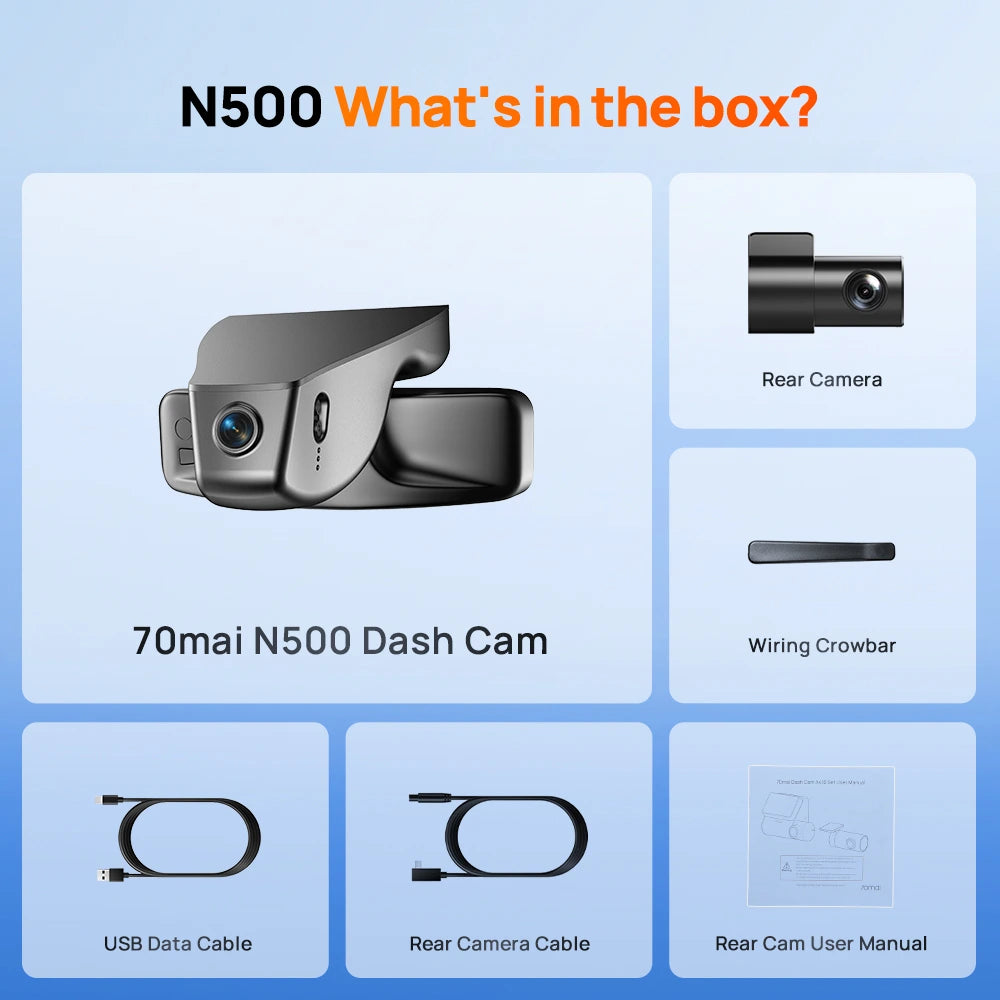 Dash cam N500 what’s in the box: dash unit, rear camera, and cables