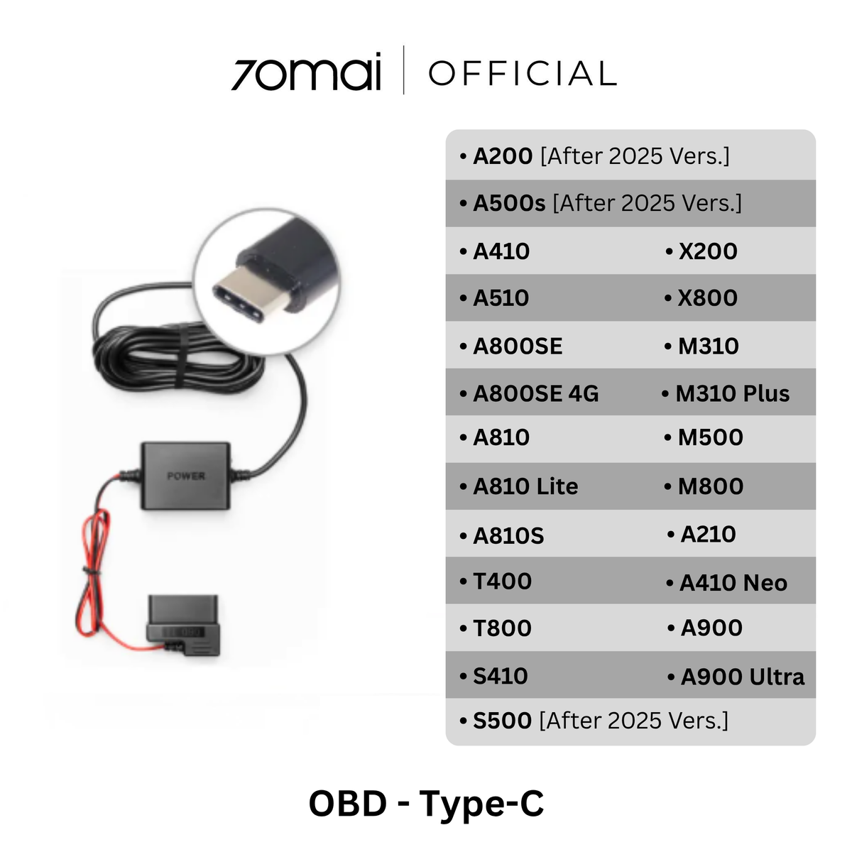 70mai OBD-II hardwire kit with Type-C connector and cable