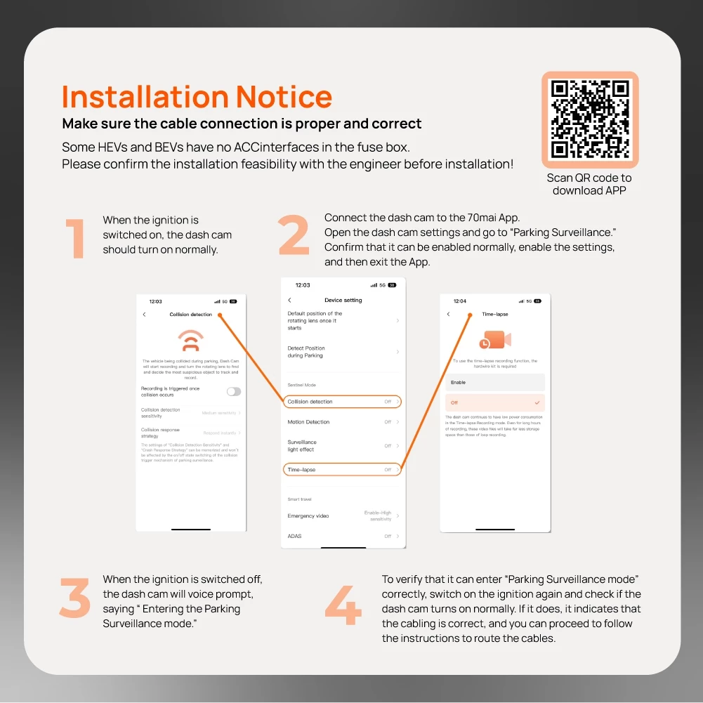 OBD hardwire kit installation notice with step-by-step diagrams and QR code