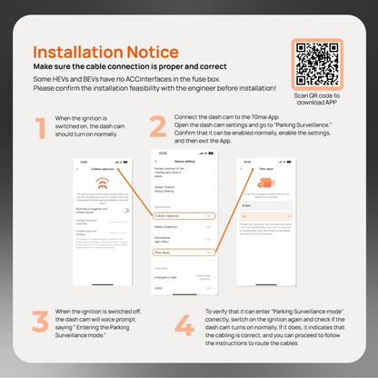 OBD hardwire kit installation notice with step-by-step diagrams and QR code