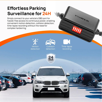 OBD hardwire kit for 24-hour parking surveillance with motion and time-lapse icons
