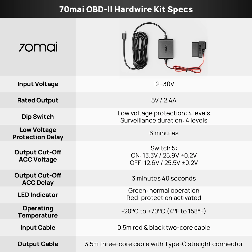 OBD hardwire kit specs card with 12–30V input and cable length details