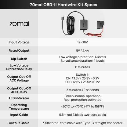 OBD hardwire kit specs card with 12–30V input and cable length details