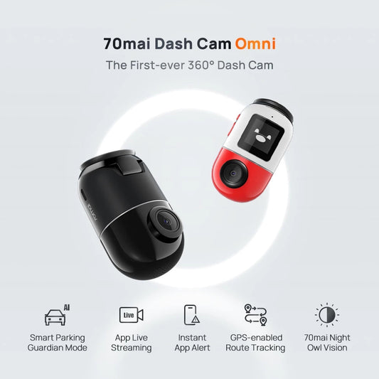 70mai Omni X200 360° Dashcam in black and red, angled dual-camera design
