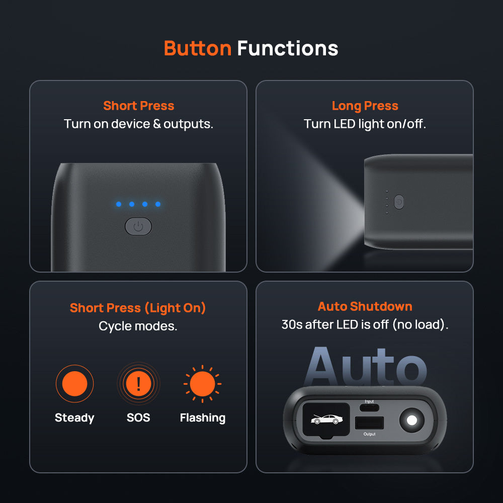 70mai jump starter button functions with LED indicator on black unit
