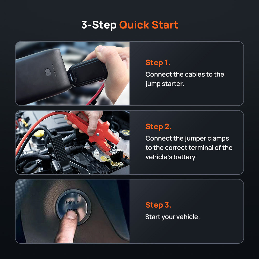 70mai jump starter in use with three-step quick start, black unit