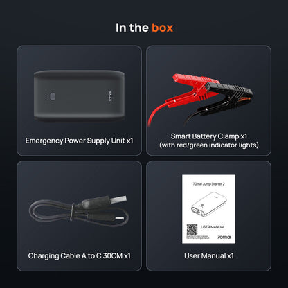 70mai jump starter kit with power unit, battery clamp, charging cable, and manual