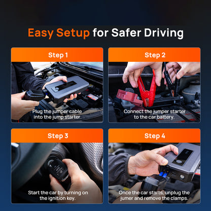 Hands installing a jump starter: connect clamps, plug into car, and start engine