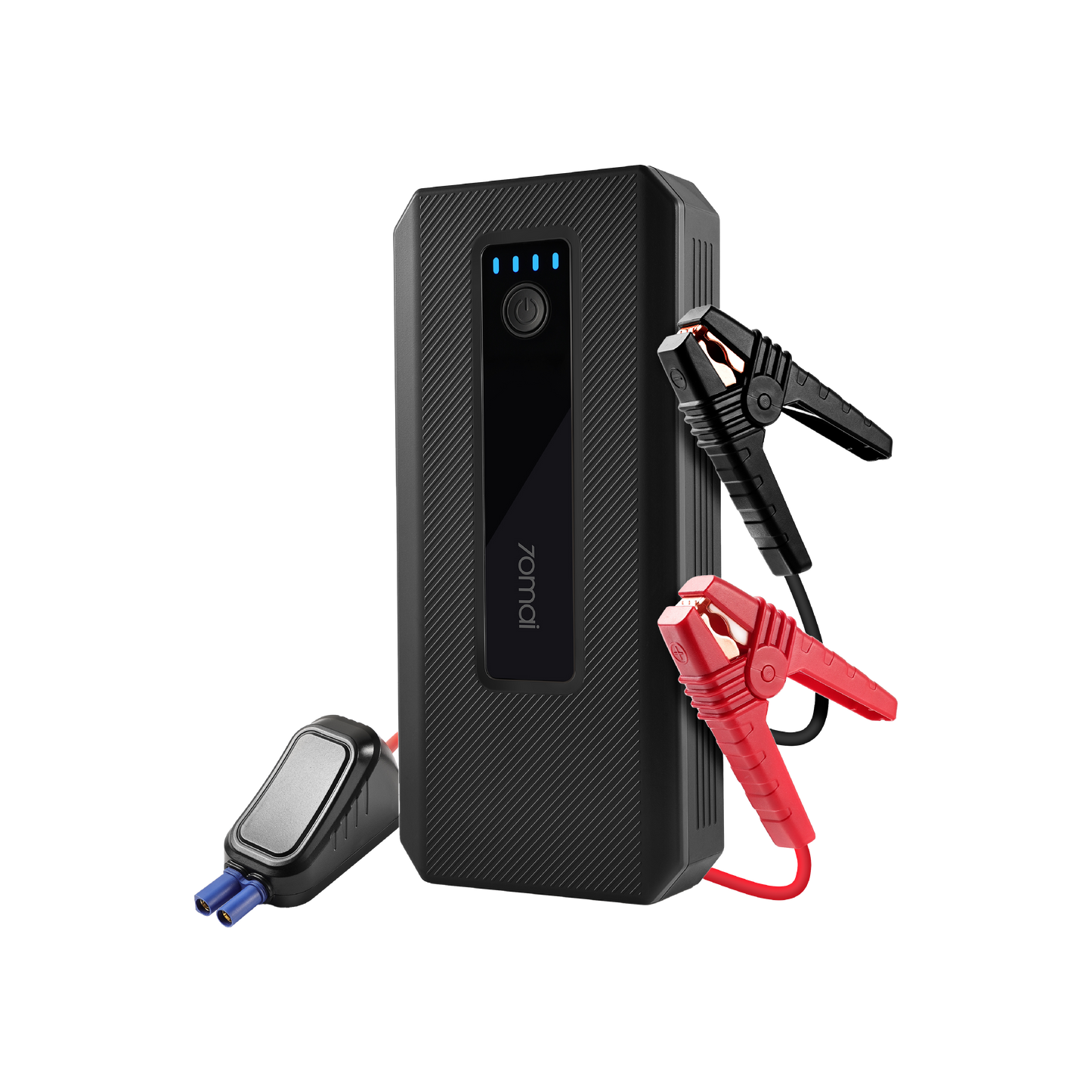 Black jump starter unit with LED indicators and red/black jumper clamp cables