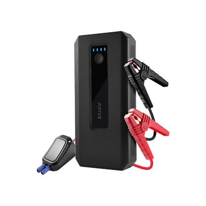Black jump starter unit with LED indicators and red/black jumper clamp cables