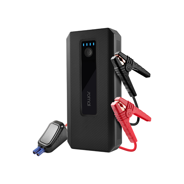 Black jump starter unit with LED indicators and red/black jumper clamp cables