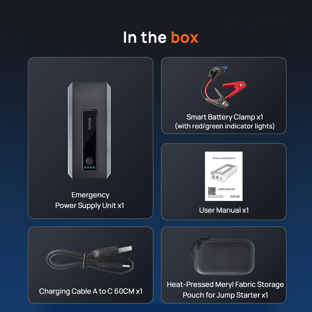 Jump starter in-the-box contents: power unit, clamp set, cables, and storage pouch