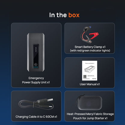 Jump starter in-the-box contents: power unit, clamp set, cables, and storage pouch