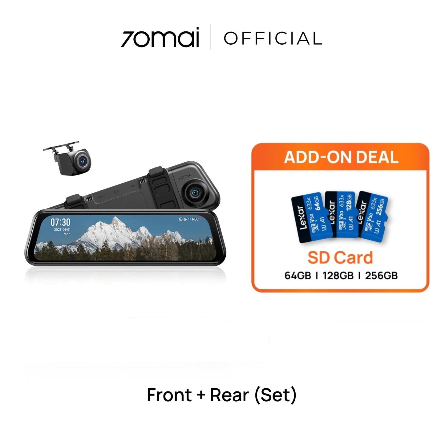 Front+rear dashcam set with add-on SD card (64GB–256GB)