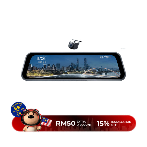 Rearview dashcam with wide rear screen and small front camera