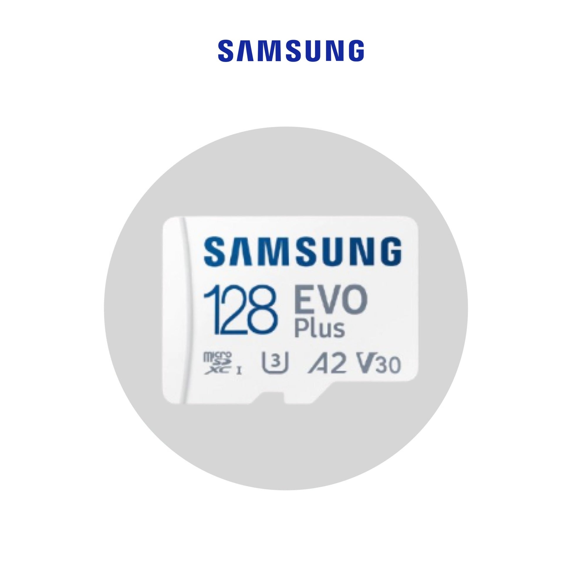 Samsung EVO Plus microSD 128GB, weiße Karte mit A2 V30 Aufdruck