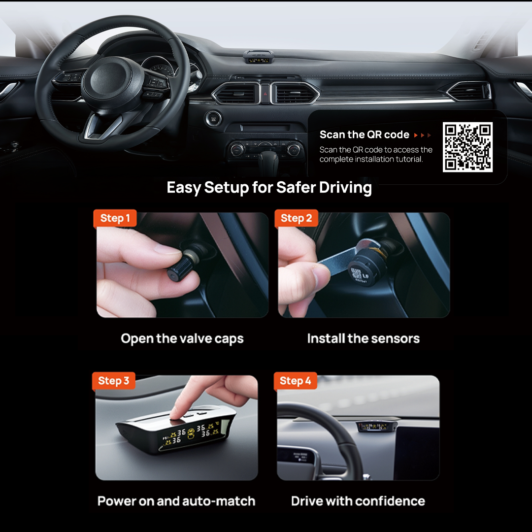 TPMS monitor and sensor setup guide showing QR code and step-by-step installation photos.