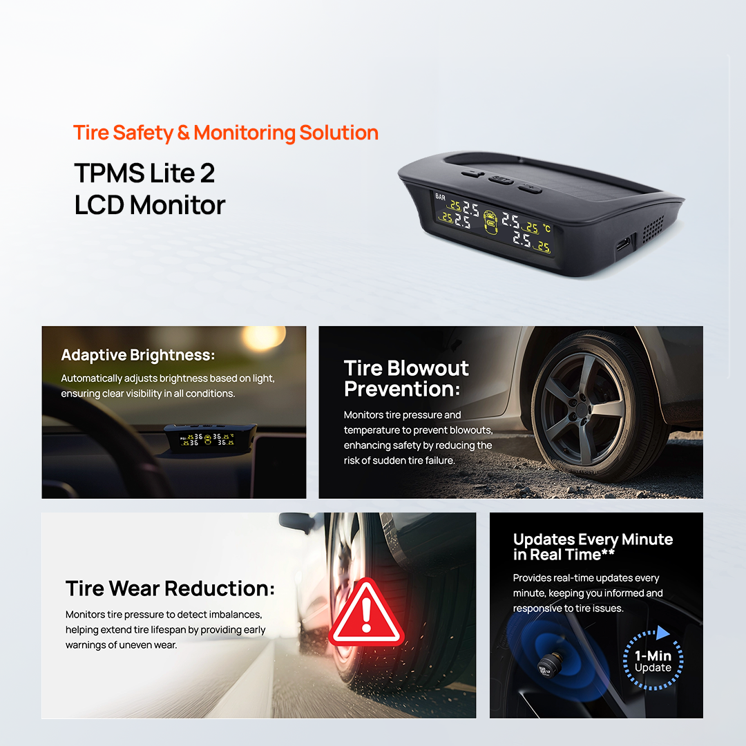TPMS Lite 2 LCD monitor with yellow pressure and temperature readings on dark screen.