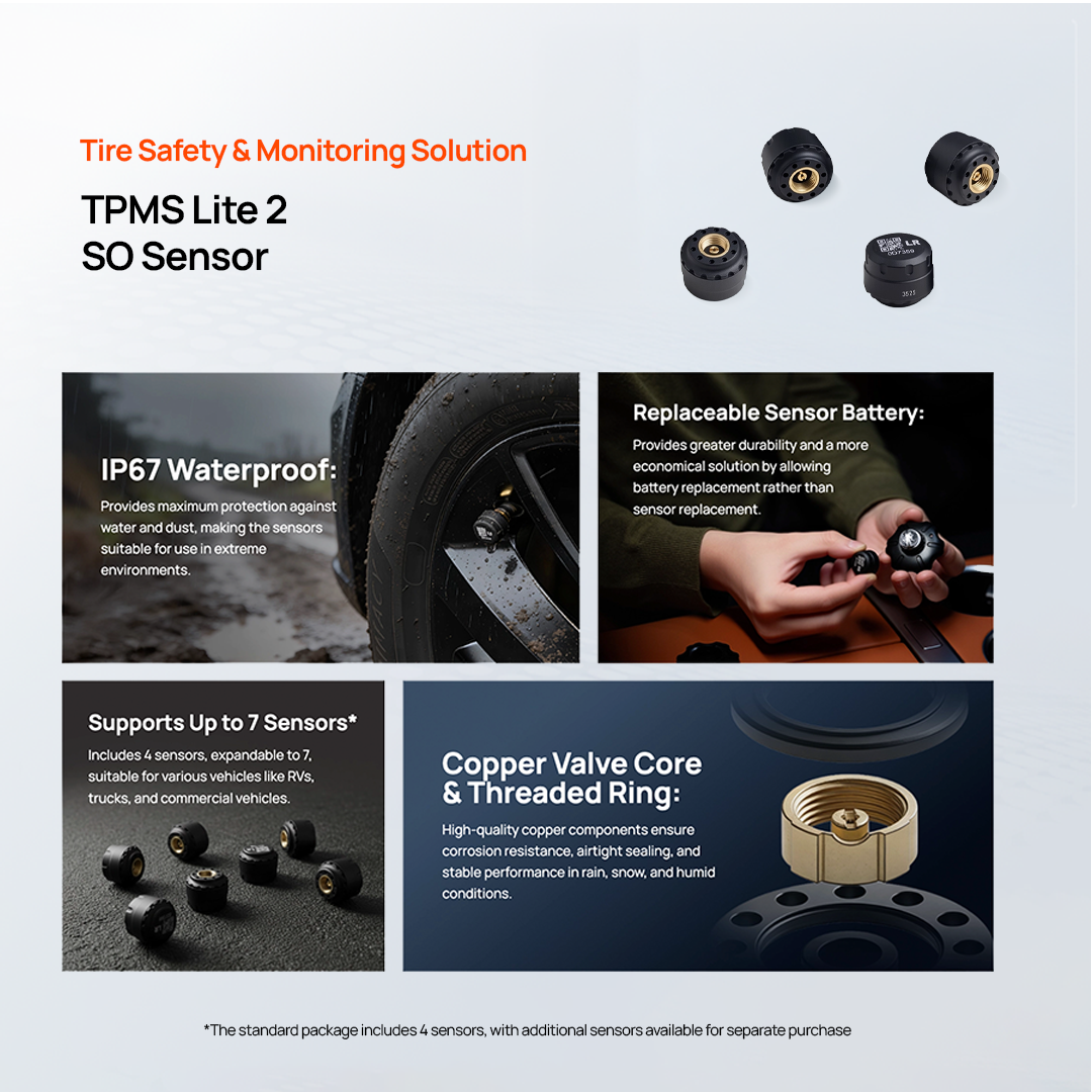 TPMS Lite 2 SO sensor set with multiple black valve-cap sensors and coin-style sensor.