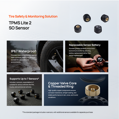 TPMS Lite 2 SO sensor set with multiple black valve-cap sensors and coin-style sensor.