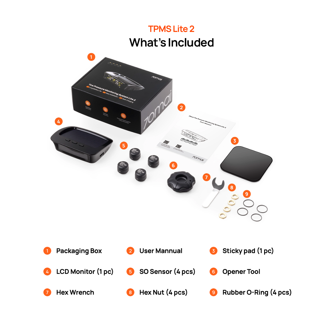 TPMS Lite 2 included components: LCD monitor, SO sensors, opener tool, hex wrench, o-rings.