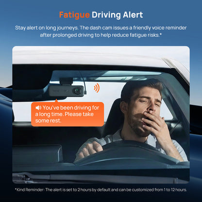 Dash cam mounted inside car with driver alert notification icons