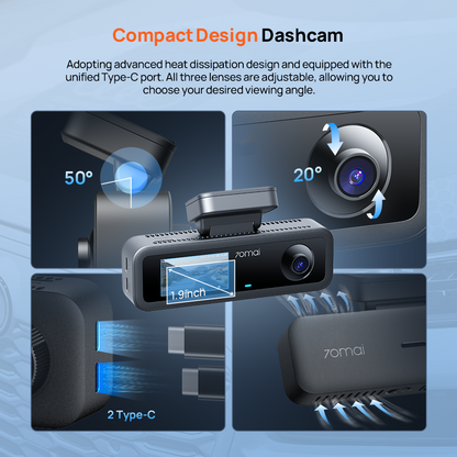 Compact dash cam with front screen and two camera lenses