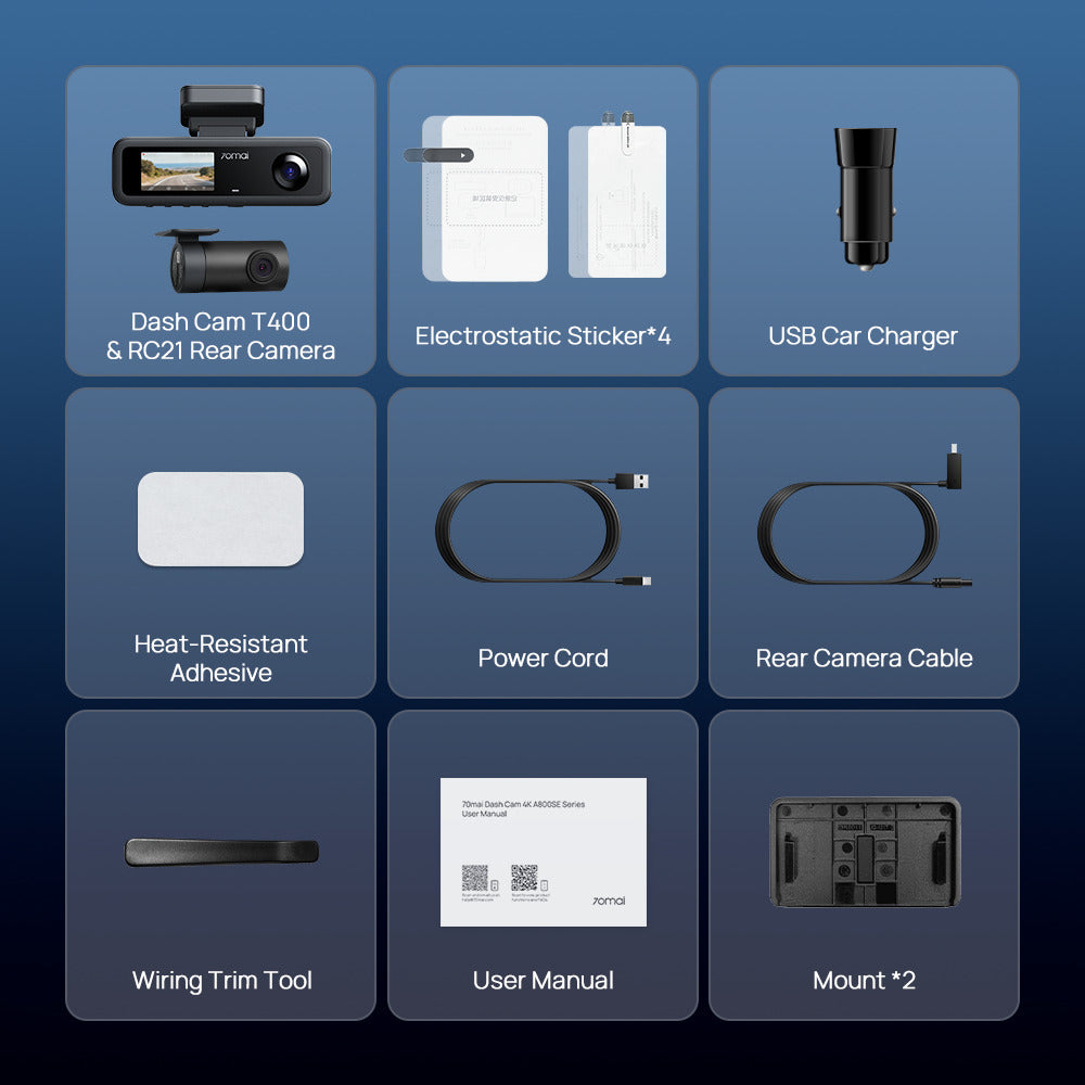 Dash cam accessory set with front camera, sticker, charger, and cables