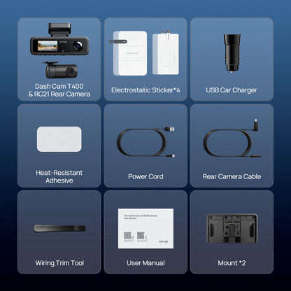 Dash cam accessory set with front camera, sticker, charger, and cables