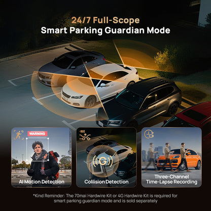 Smart parking guardian mode view with three-channel recording and AI alerts