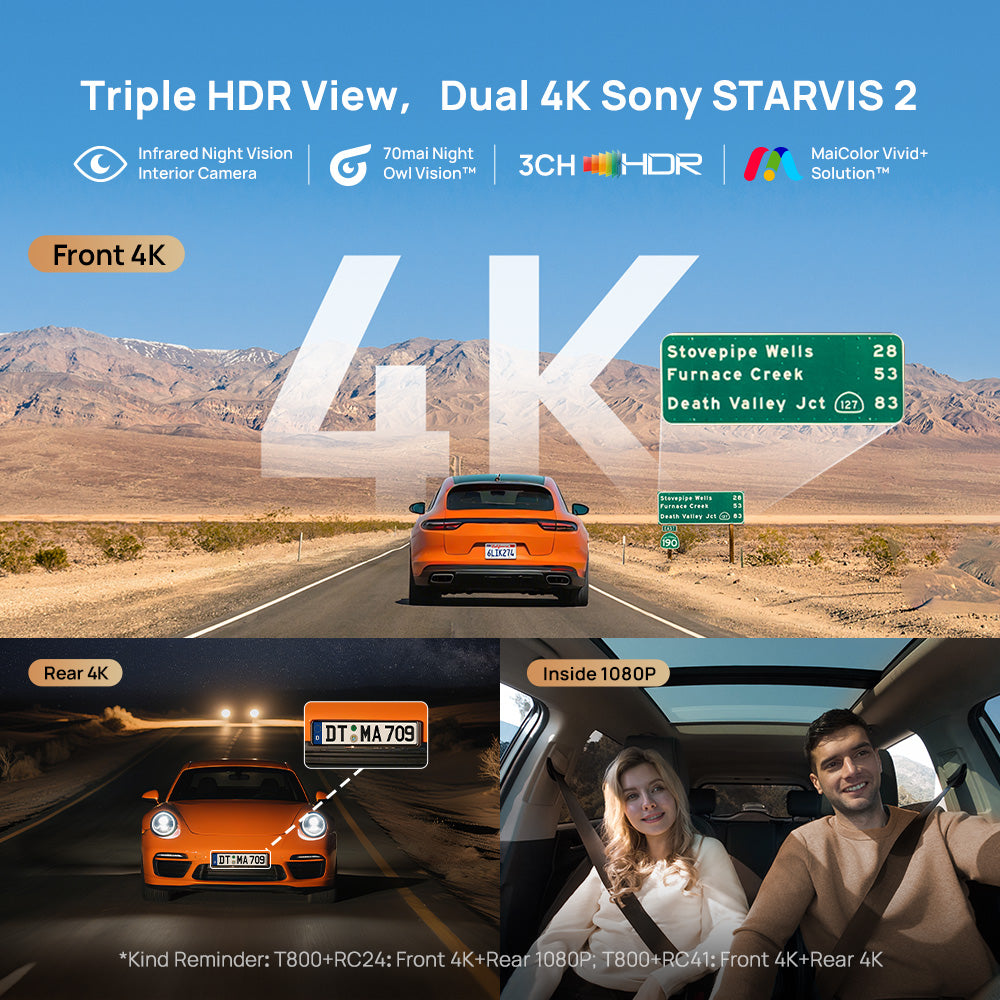 Dashcam screen showing triple HDR 4K+4K view with inside 1080p