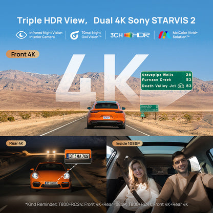 Dashcam screen showing triple HDR 4K+4K view with inside 1080p