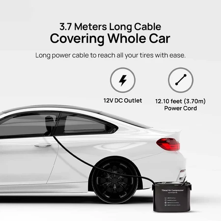 Air compressor with 3.7m power cable for reaching all car tires
