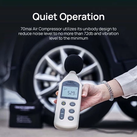 Air compressor shown with quiet operation and tire pressure reading on screen