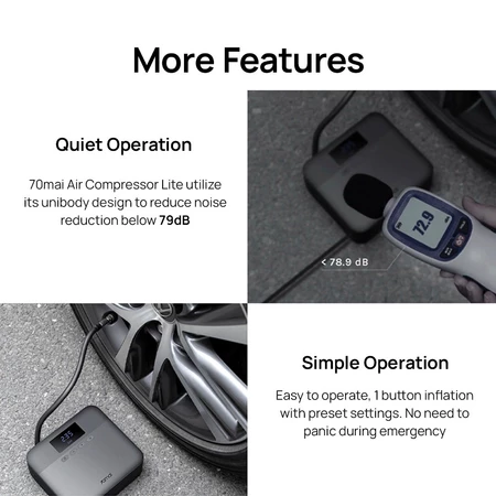 Air pump features infographic: quiet operation and simple one-button preset use