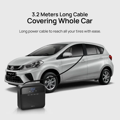 Air pump with 3.2 m long power cable reach infographic for inflating car tires