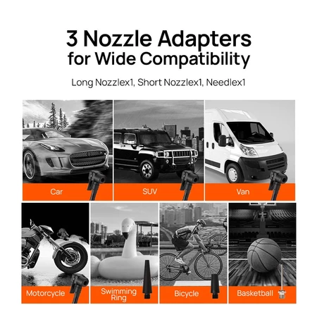 3 nozzle adapters infographic for car, motorcycle, bicycle, and other inflatables