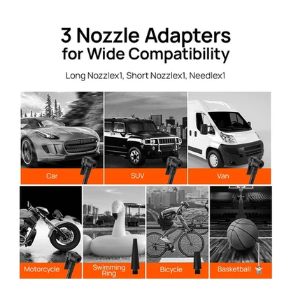 3 nozzle adapters infographic for car, motorcycle, bicycle, and other inflatables