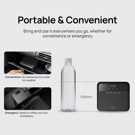 Portable air pump design infographic with device size and 148mm reference for bottle