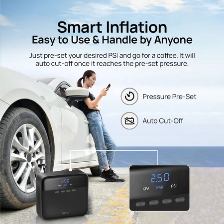Smart inflation infographic: pressure pre-set and auto cut-off shown on pump display
