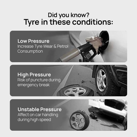 Air pump use conditions infographic: low pressure, high pressure, and unstable pressure risk