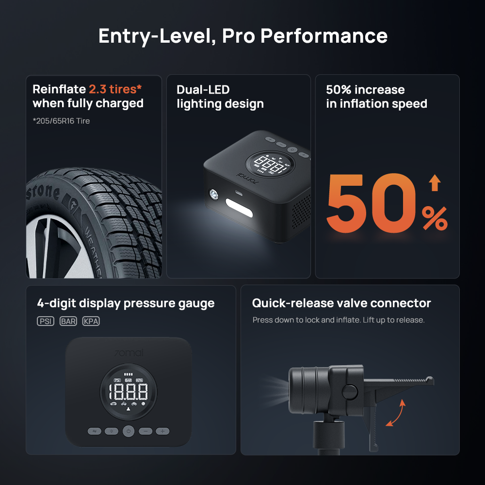 Portable air compressor with digital pressure display and built-in LED lighting