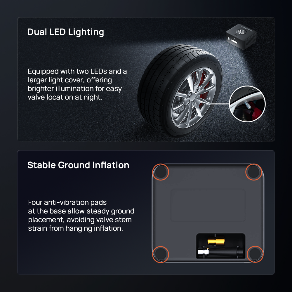 Air compressor with dual LED lighting and stable base with anti-vibration pads