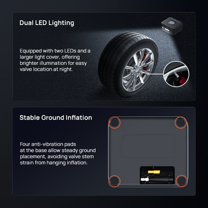 Air compressor with dual LED lighting and stable base with anti-vibration pads