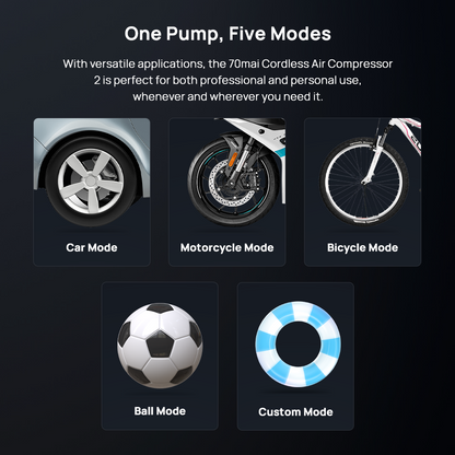 Air compressor modes graphic showing car, motorcycle, bicycle, ball, and custom use