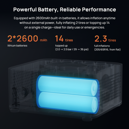 Cordless air compressor base with internal battery cells shown glowing