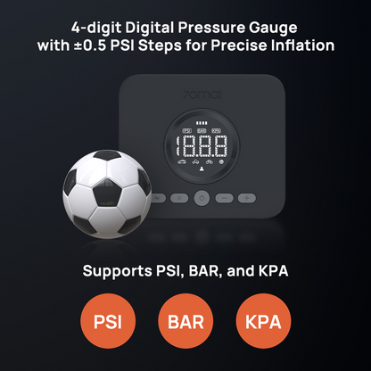 Air compressor with 4-digit pressure gauge display next to a soccer ball
